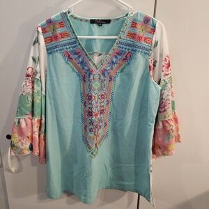 Chic Turquoise Embroidered Blouse by